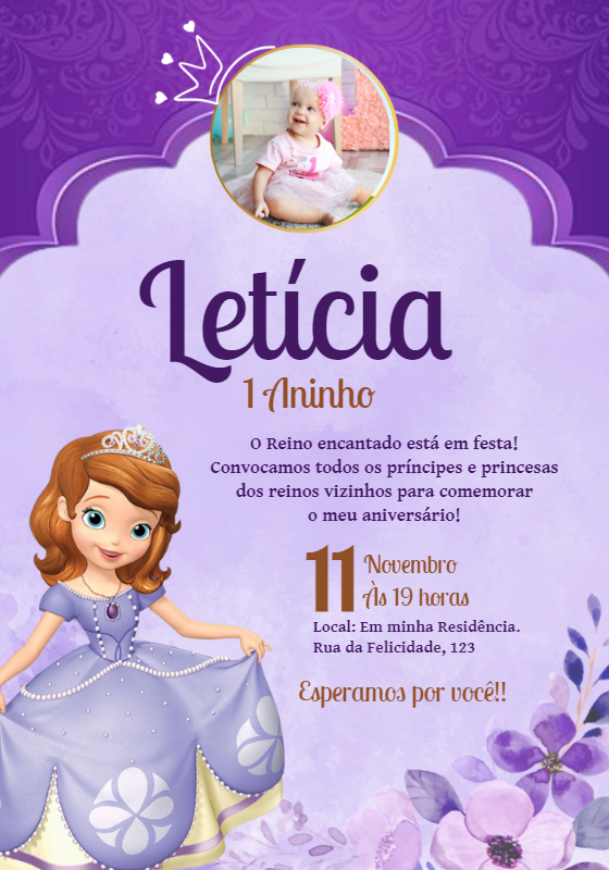 Convite Aniversário Princesinha Sofia com Foto para Editar Online Convite Aniversário Princesinha Sofia com Foto para Editar Online