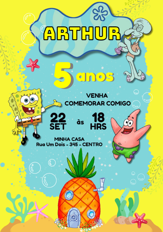 Convite Aniversário Bob Esponja para Editar Online Convite Aniversário Bob Esponja para Editar Online