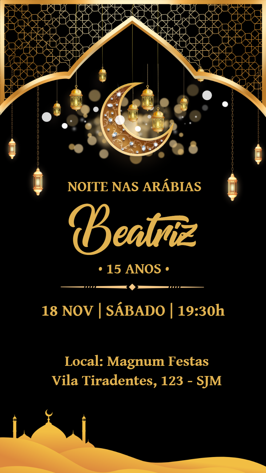 Convite Festa Árabe Dourado e Preto para Editar Online Convite Festa Árabe Dourado e Preto para Editar Online