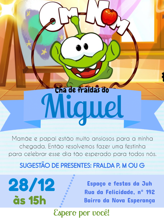 Convite Chá de Fraldas Om Nom para Editar Online Convite Chá de Fraldas Om Nom para Editar Online