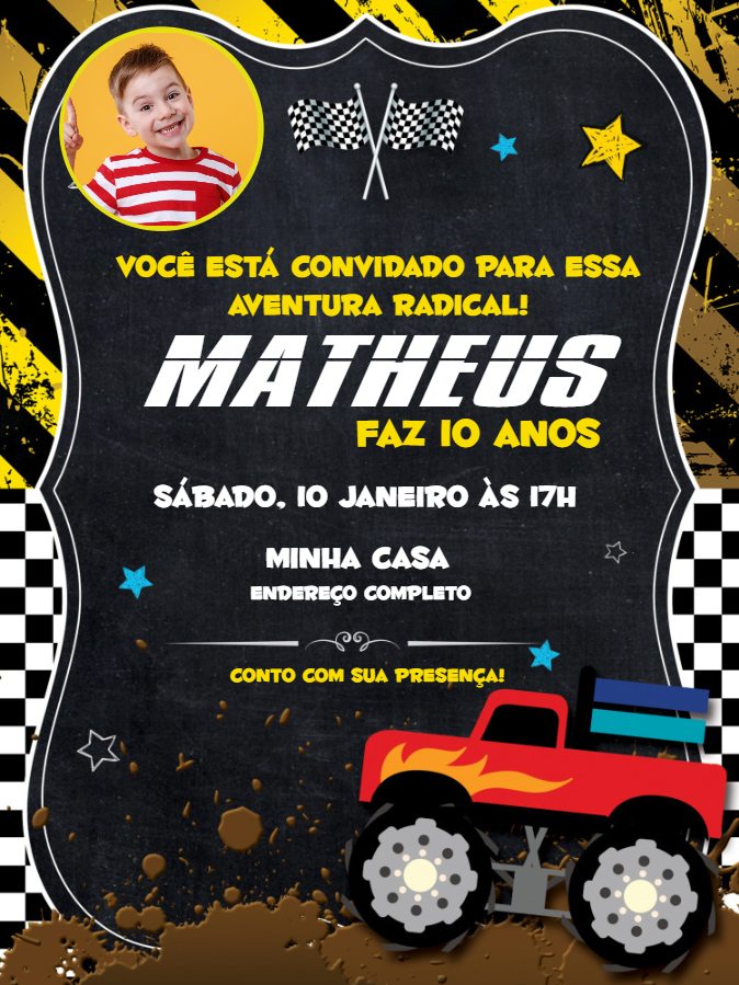 Convite Aniversário Monster Truck com Foto para Editar Online Convite Aniversário Monster Truck com Foto para Editar Online