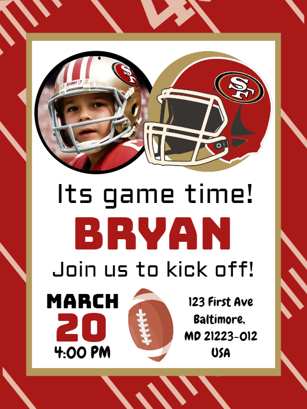 49ers Football Birthday Invitation with Photo | Edit Online 49ers Football Birthday Invitation with Photo | Edit Online