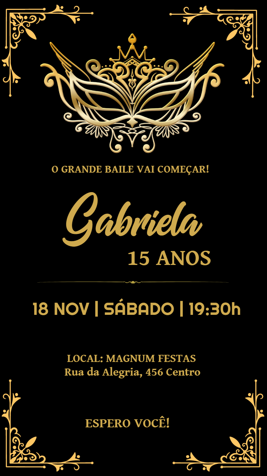 Convite de 15 Anos Baile de Máscaras Dourado para Editar Online Convite de 15 Anos Baile de Máscaras Dourado para Editar Online