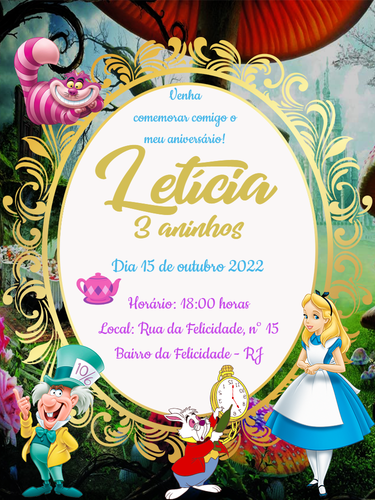 Convite Aniversário Alice no País das Maravilhas para Editar Convite Aniversário Alice no País das Maravilhas para Editar