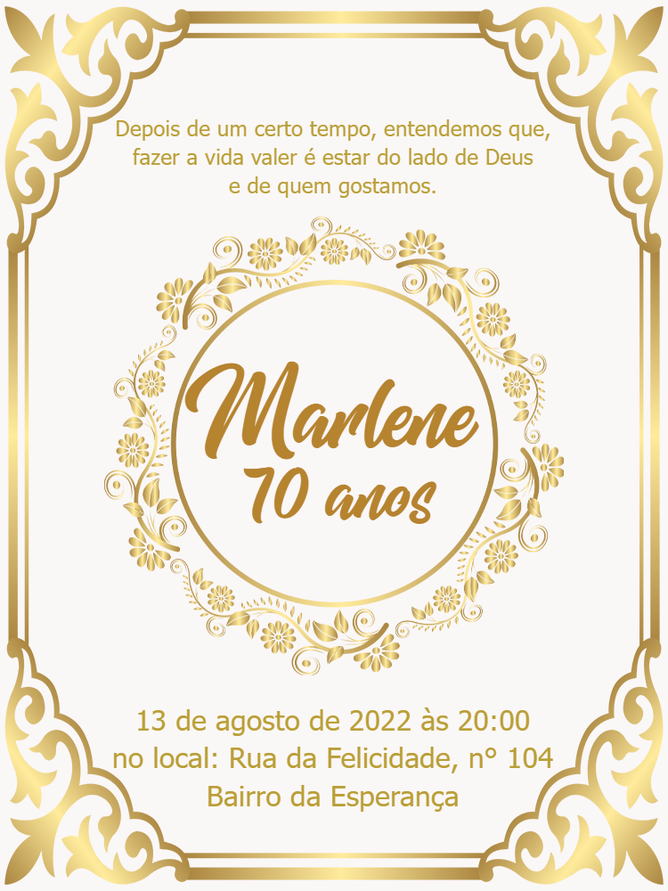 Convite de Aniversário 70 Anos Floral Dourado para Editar Convite de Aniversário 70 Anos Floral Dourado para Editar