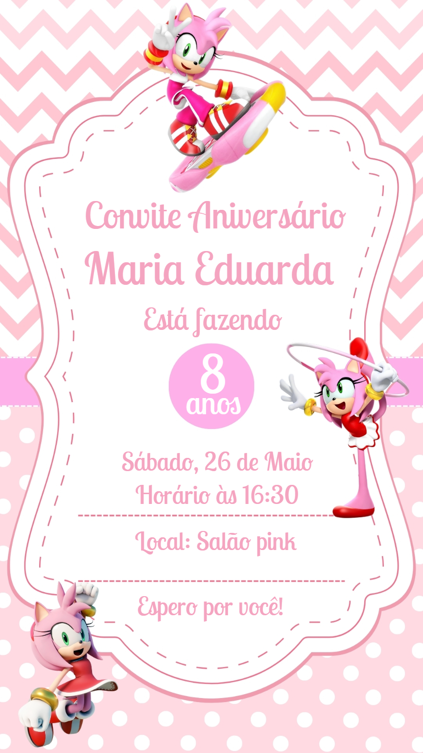 Convite Aniversário Amy Rose do Sonic para Editar Online Convite Aniversário Amy Rose do Sonic para Editar Online