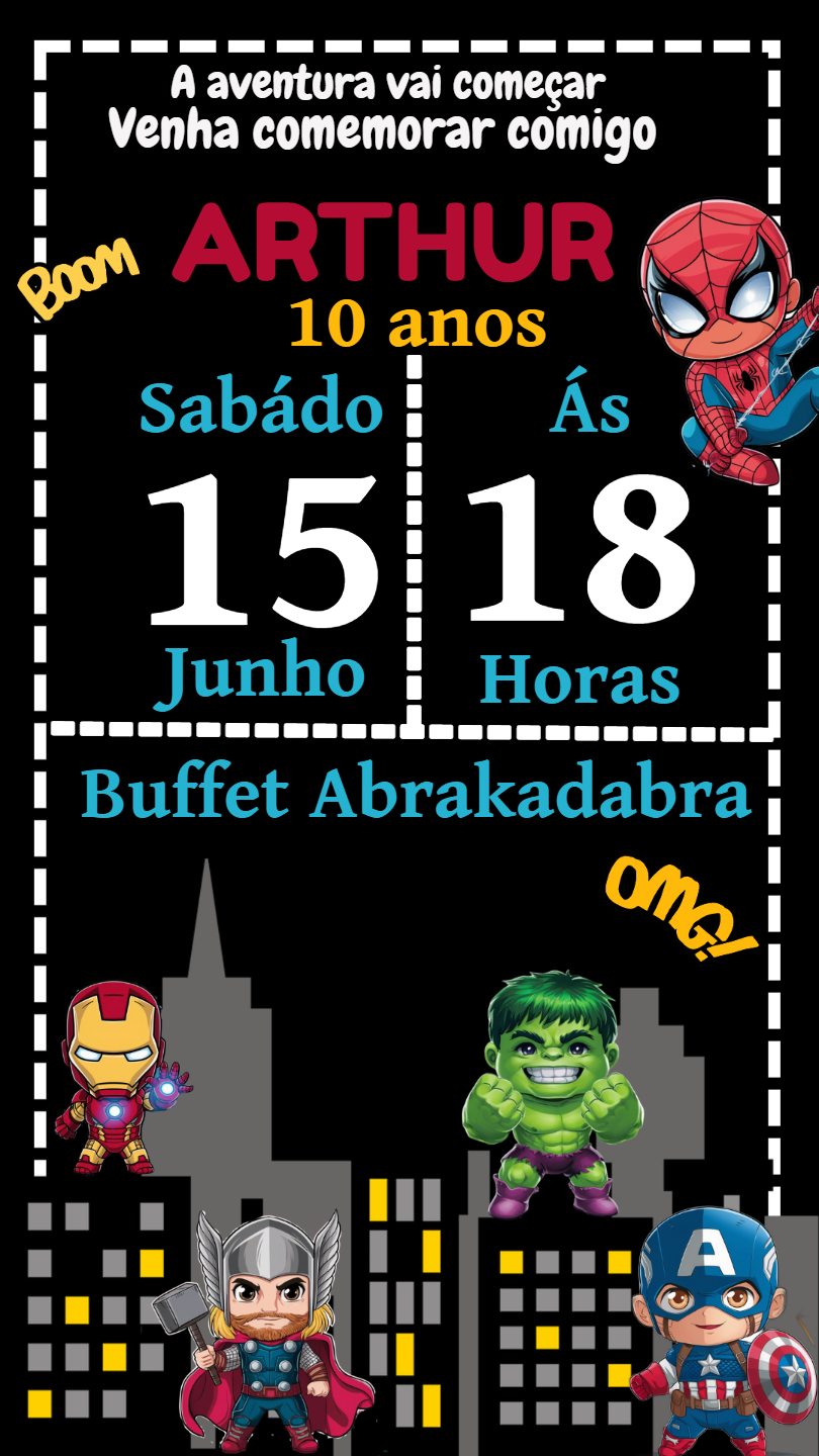 Convite Aniversário Vingadores Cute para Editar Online Convite Aniversário Vingadores Cute para Editar Online