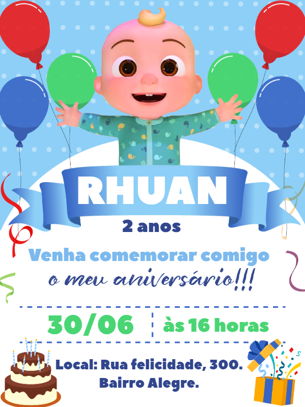 Convite de Aniversário Cocomelon Azul para Editar Online