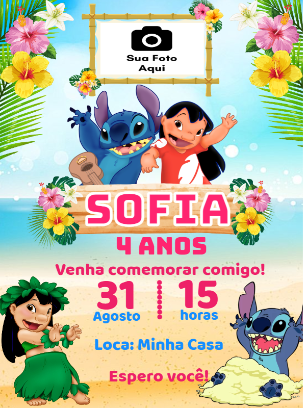 Convite de Aniversário Lilo e Stitch com Foto para Editar Convite de Aniversário Lilo e Stitch com Foto para Editar