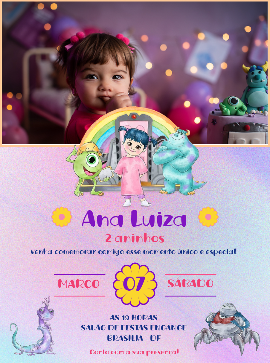 Convite de Aniversário Monstros S.A. com Foto para Editar Convite de Aniversário Monstros S.A. com Foto para Editar