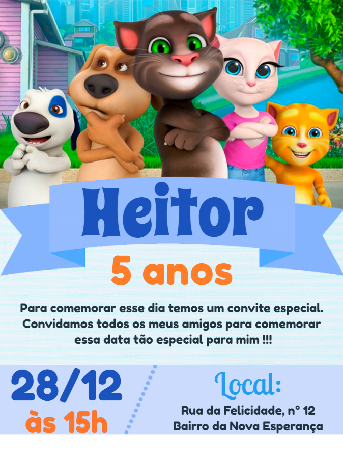Convite de Aniversário My Talking Tom para Editar Online Convite de Aniversário My Talking Tom para Editar Online