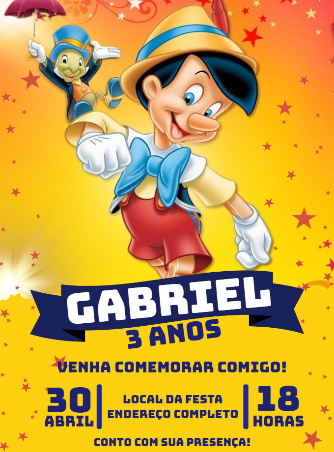 Convite Aniversário Pinóquio Editável Online para Imprimir Convite Aniversário Pinóquio Editável Online para Imprimir