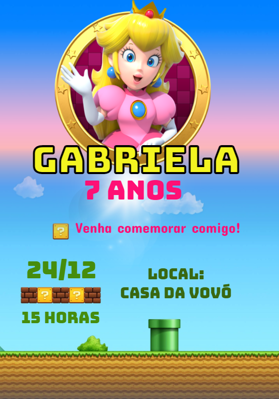 Convite Aniversário Princesa Peach Super Mario para Editar Online Convite Aniversário Princesa Peach Super Mario para Editar Online