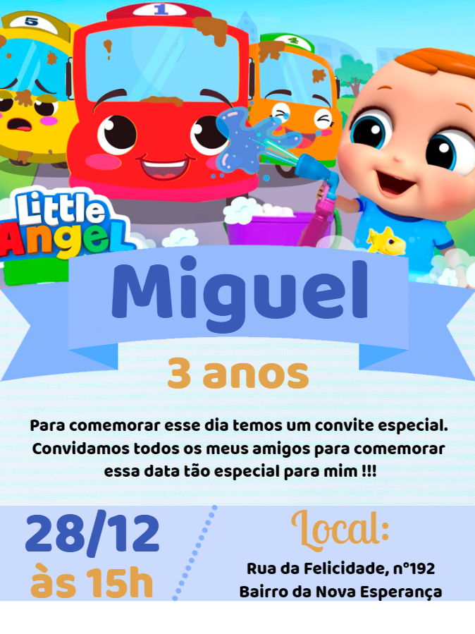 Convite Aniversário Little Angel com Ônibus Coloridos para Editar Convite Aniversário Little Angel com Ônibus Coloridos para Editar