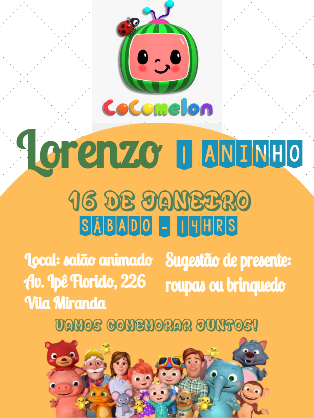 Convite de Aniversário Cocomelon com Personagens para Editar Convite de Aniversário Cocomelon com Personagens para Editar