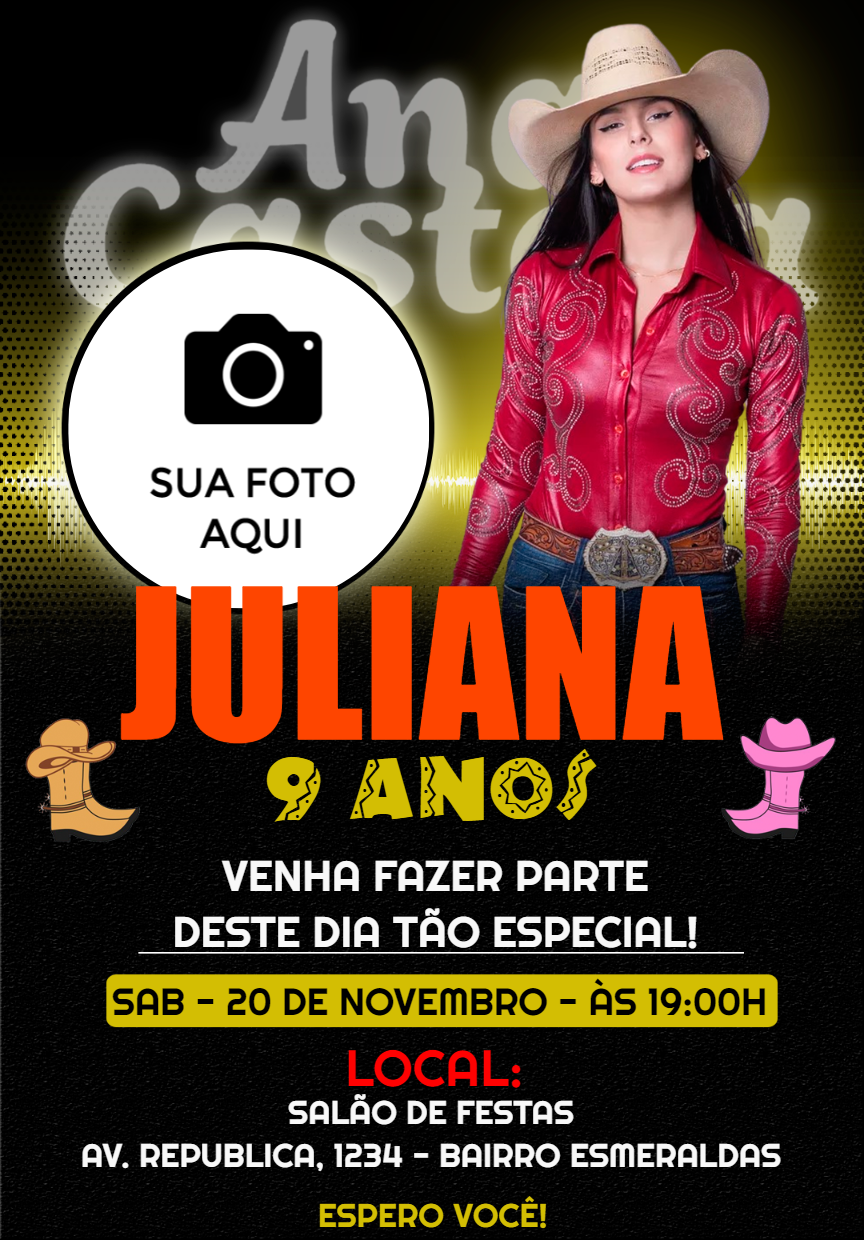 Convite de Aniversário Ana Castela com Foto para Editar Online Convite de Aniversário Ana Castela com Foto para Editar Online