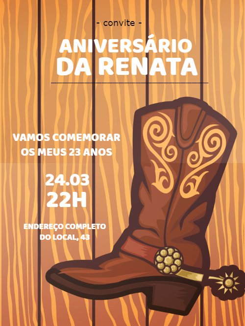 Convite de Aniversário Country com Bota para Editar Online Convite de Aniversário Country com Bota para Editar Online