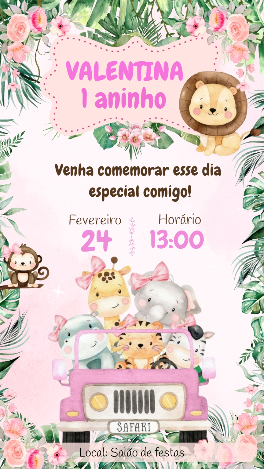 Convite de Aniversário Safari Baby Menina para Editar Online Convite de Aniversário Safari Baby Menina para Editar Online