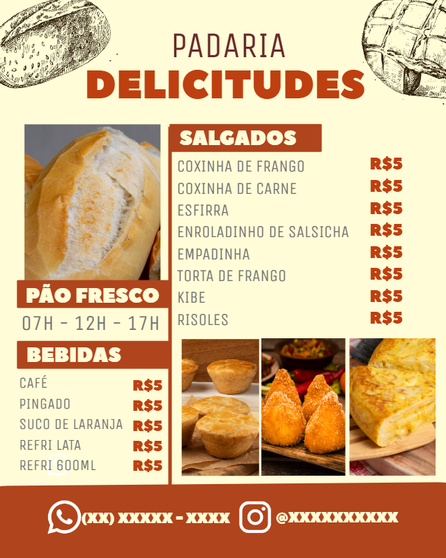 Cardápio de Padaria com Salgados e Bebidas para Editar Online Cardápio de Padaria com Salgados e Bebidas para Editar Online