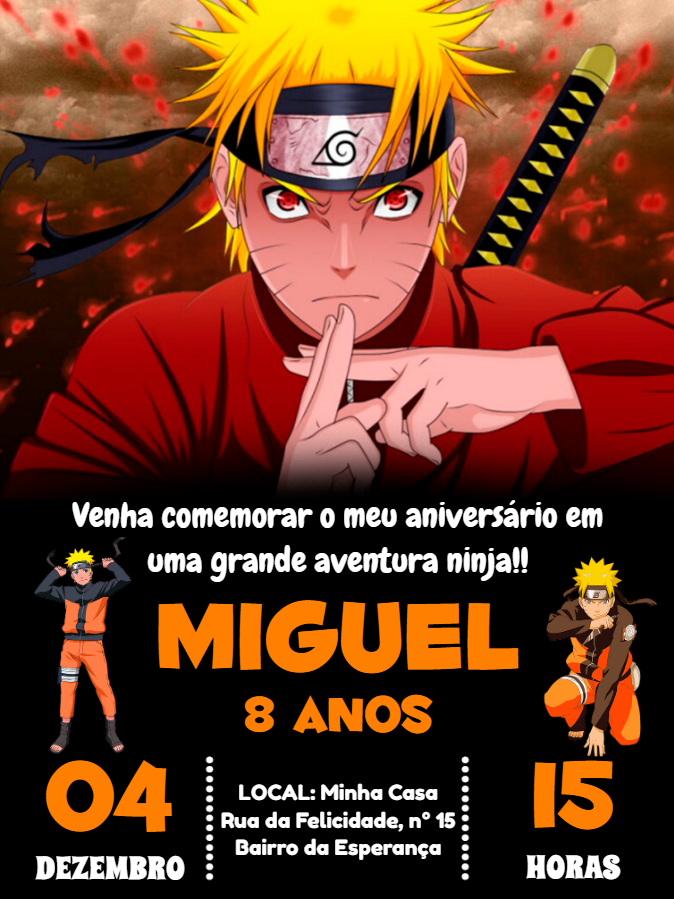 Convite de Aniversário Naruto para Editar e Imprimir Convite de Aniversário Naruto para Editar e Imprimir