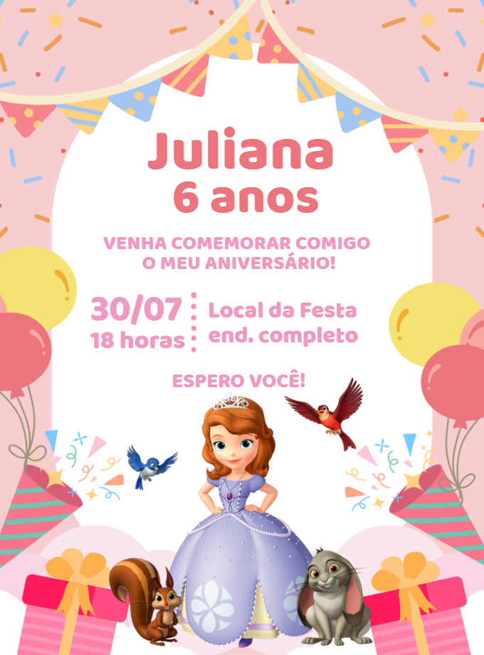 Convite de Aniversário Princesinha Sofia para Editar Online Convite de Aniversário Princesinha Sofia para Editar Online