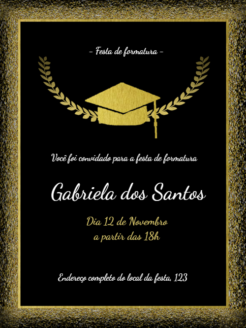 Convite de Formatura Preto e Dourado para Editar Online