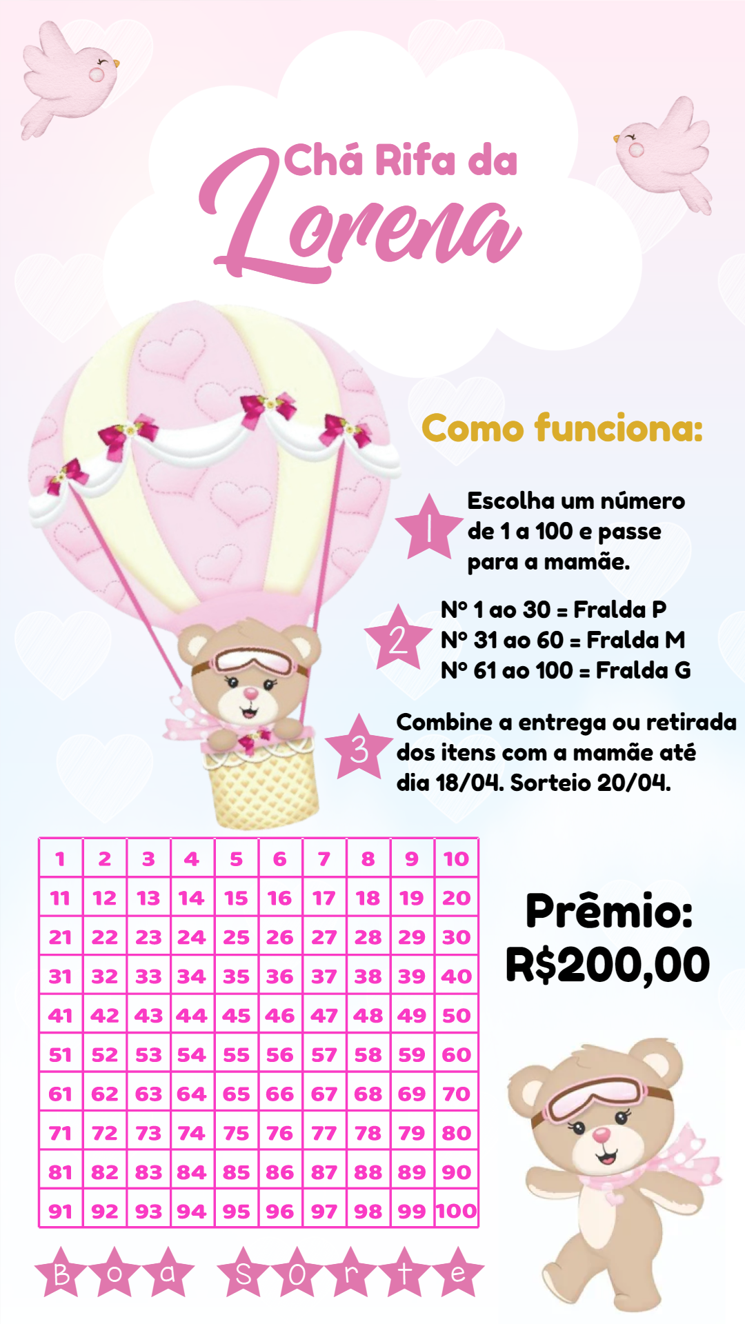 Rifa Chá de Bebê Ursinha Baloeira para Editar Online Rifa Chá de Bebê Ursinha Baloeira para Editar Online