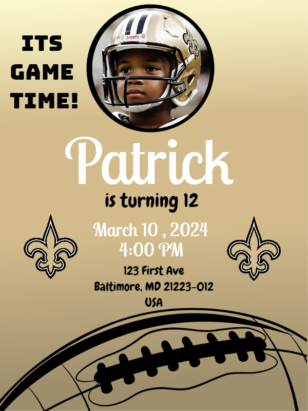 Saints Football Birthday Party Invitation with Photo to Edit Saints Football Birthday Party Invitation with Photo to Edit