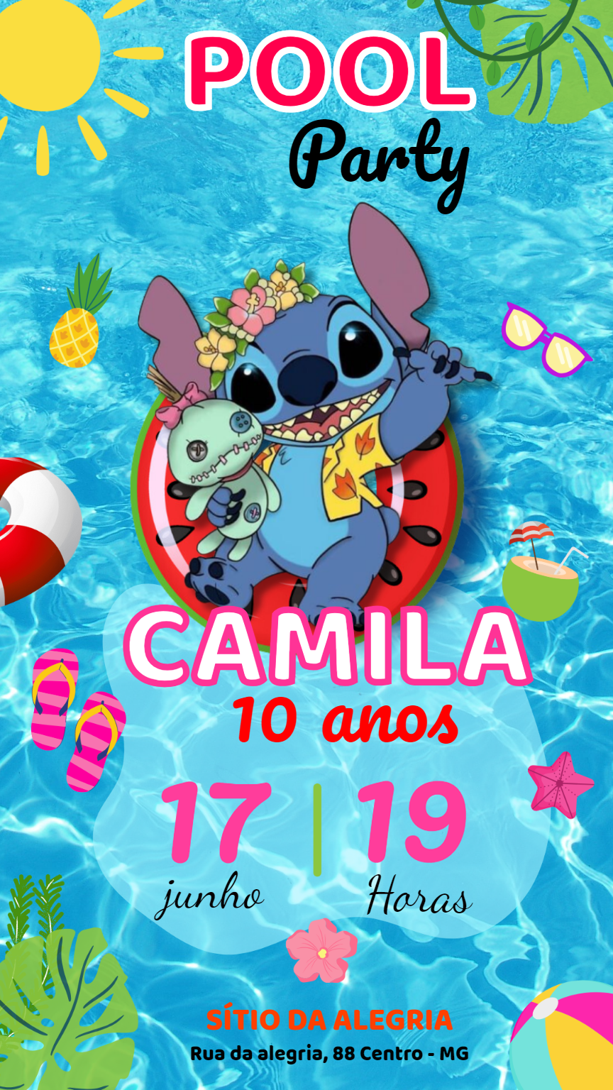 Convite de Aniversário Pool Party do Stitch para Editar