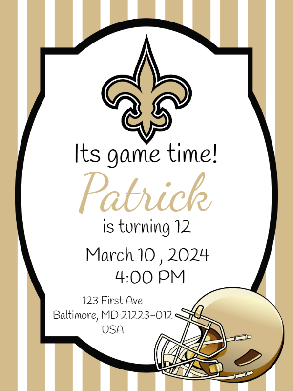 Editable New Orleans Saints Football Birthday Party Invitation Editable New Orleans Saints Football Birthday Party Invitation