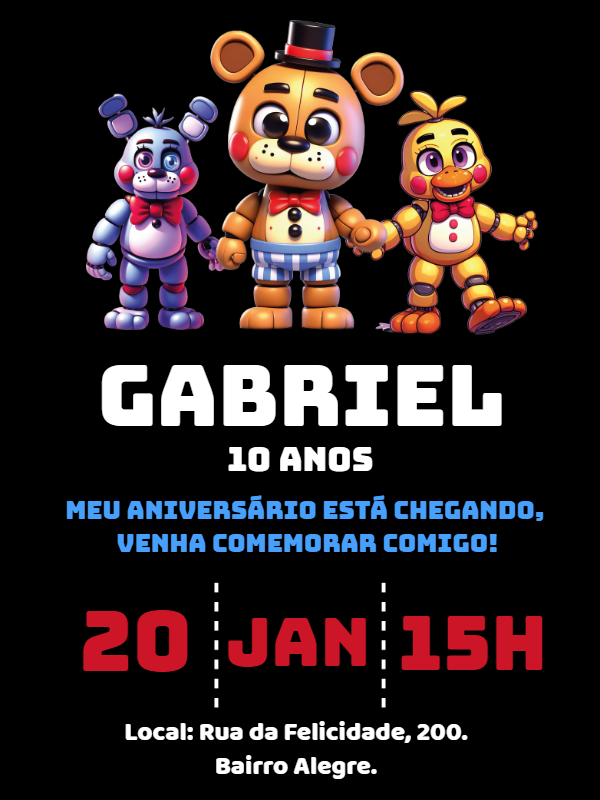 Convite de Aniversário Five Nights at Freddy's para Editar Online Convite de Aniversário Five Nights at Freddy's para Editar Online