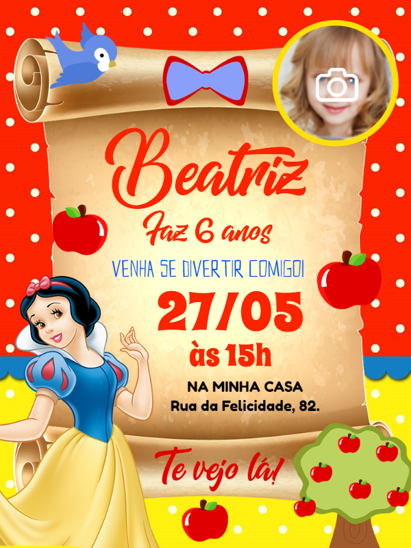 Convite Aniversário Branca de Neve com Foto para Editar Convite Aniversário Branca de Neve com Foto para Editar