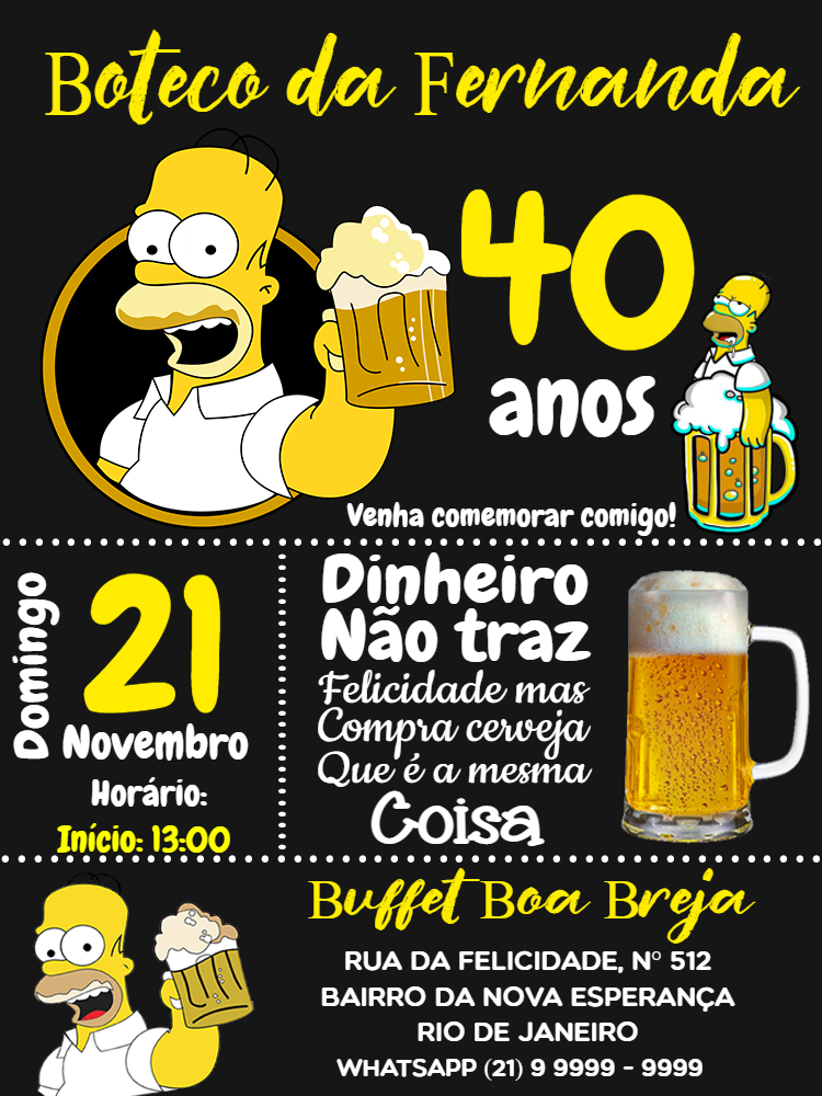 Convite de Aniversário Homer Simpson Boteco para Editar Convite de Aniversário Homer Simpson Boteco para Editar