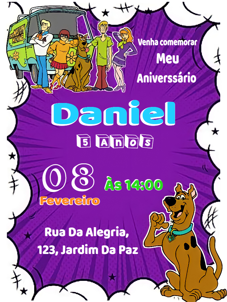 Convite Aniversário Scooby Doo com Personagens para Editar