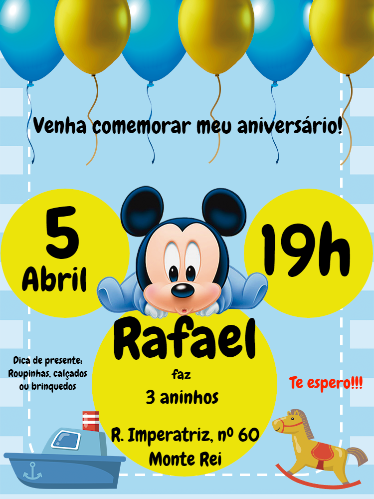 Convite de Aniversário Mickey Baby para Editar Online Convite de Aniversário Mickey Baby para Editar Online