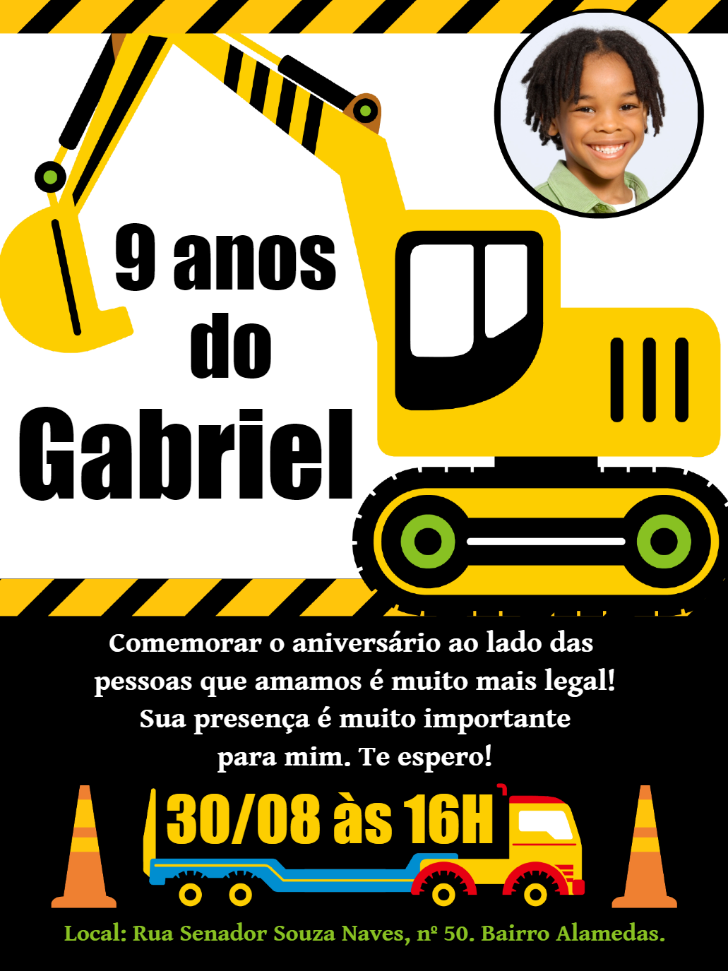 Convite Aniversário Retroescavadeira com Foto para Editar Convite Aniversário Retroescavadeira com Foto para Editar