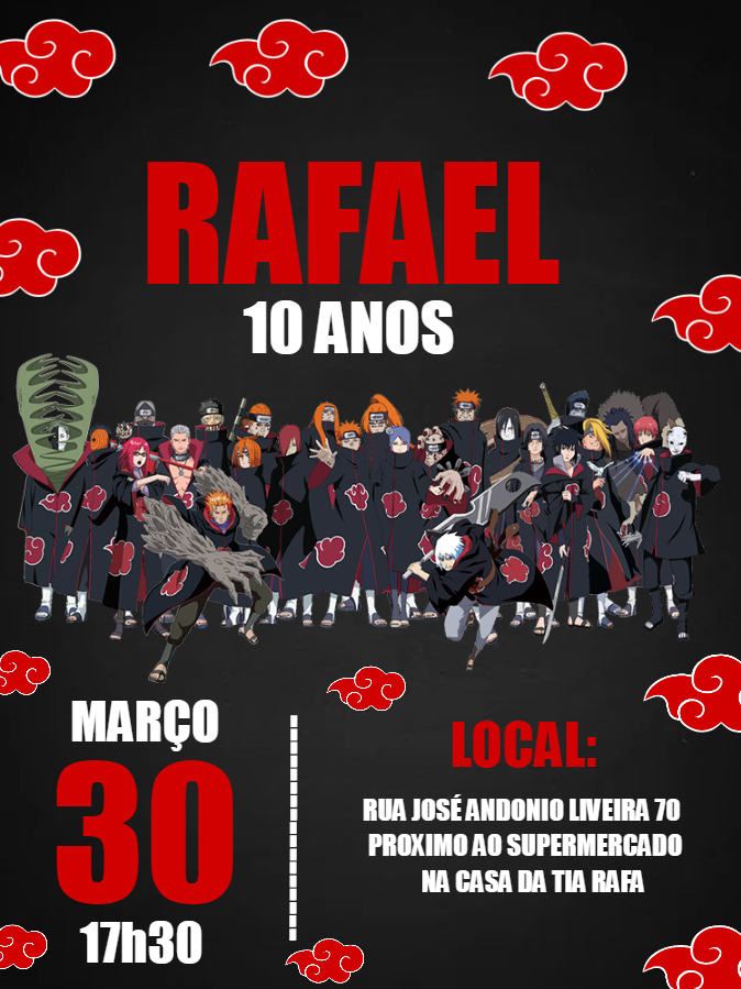 Convite de Aniversário Akatsuki Naruto para Editar Online Convite de Aniversário Akatsuki Naruto para Editar Online