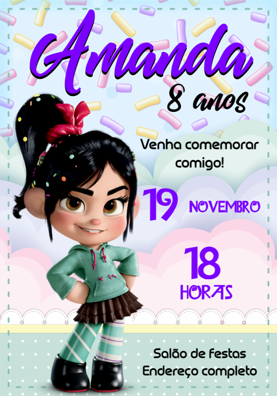 Convite de Aniversário Vanellope para Editar Online Convite de Aniversário Vanellope para Editar Online