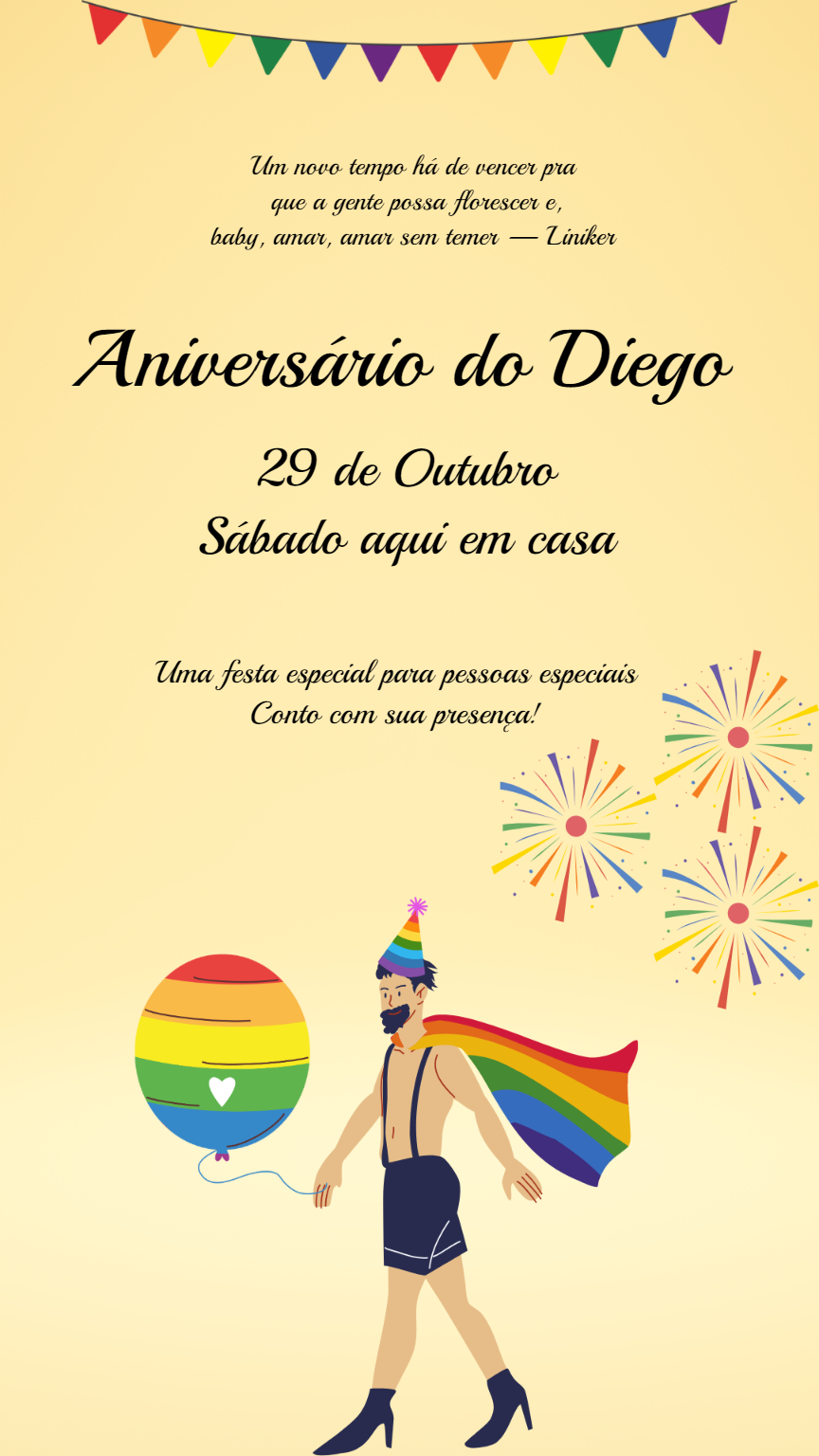 Convite de Aniversário LGBT com Tema Orgulho para Editar Online