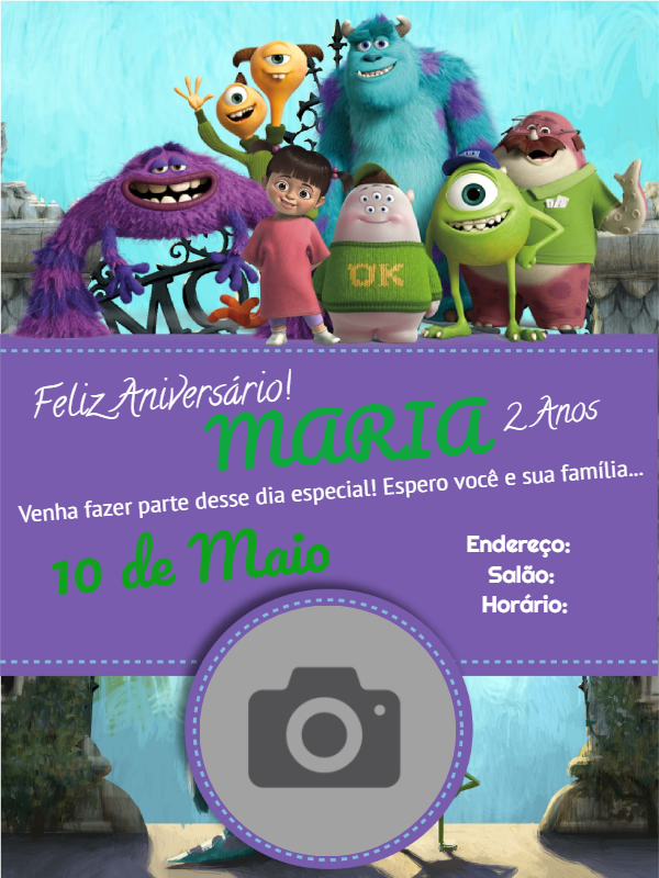 Convite Aniversário Monstros SA com Foto para Editar Online Convite Aniversário Monstros SA com Foto para Editar Online
