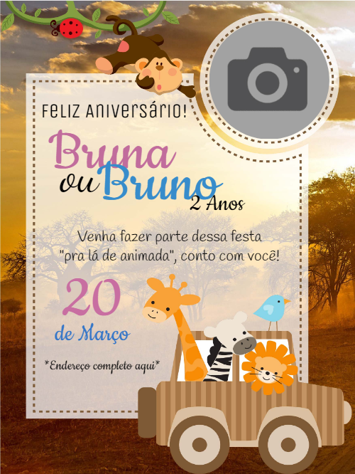 Convite Aniversário Safari com Foto para Editar Online Convite Aniversário Safari com Foto para Editar Online