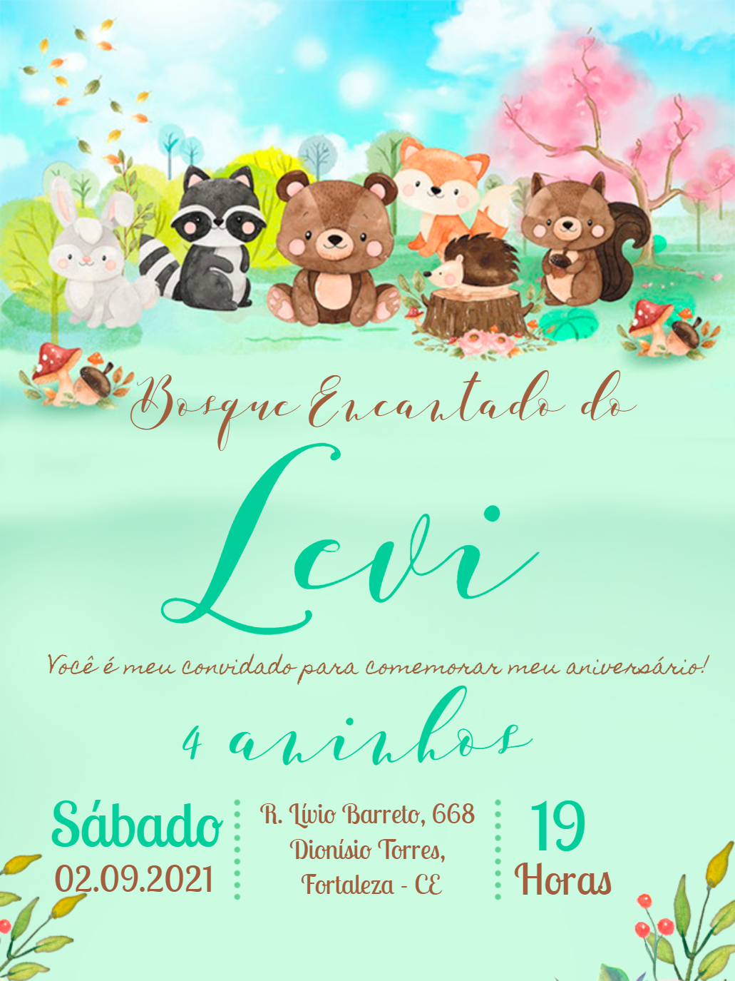 Convite de Aniversário Bosque Encantado com Animais para Editar Convite de Aniversário Bosque Encantado com Animais para Editar