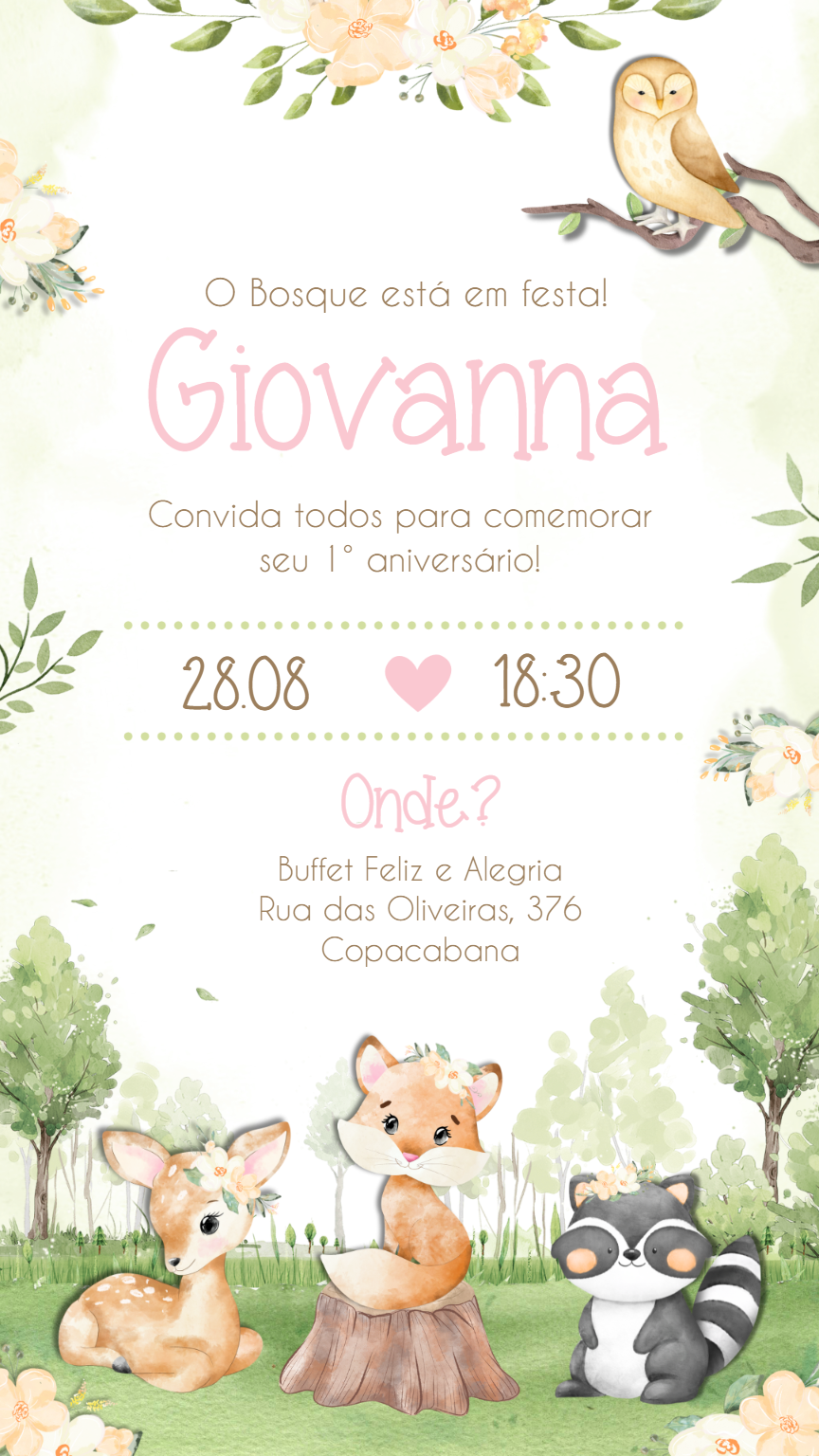 Convite Aniversário Bosque Encantado com Animais para Editar Convite Aniversário Bosque Encantado com Animais para Editar
