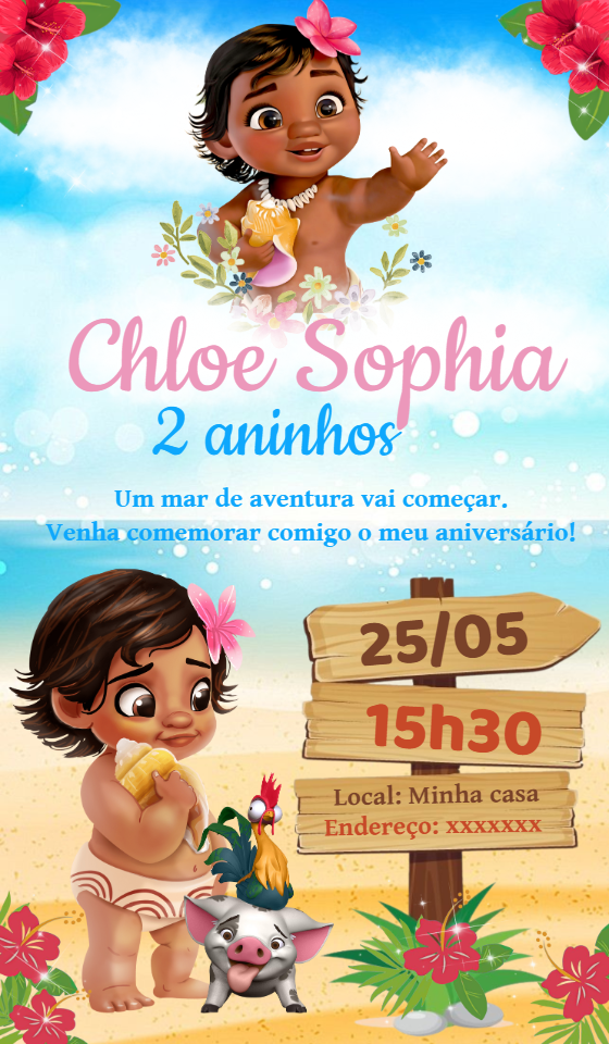 Convite de Aniversário Moana Baby para Editar Online Convite de Aniversário Moana Baby para Editar Online
