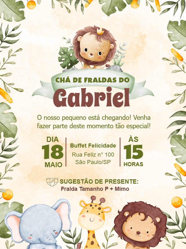 Convite Chá de Fraldas Safari com Animais Fofos para Editar Convite Chá de Fraldas Safari com Animais Fofos para Editar
