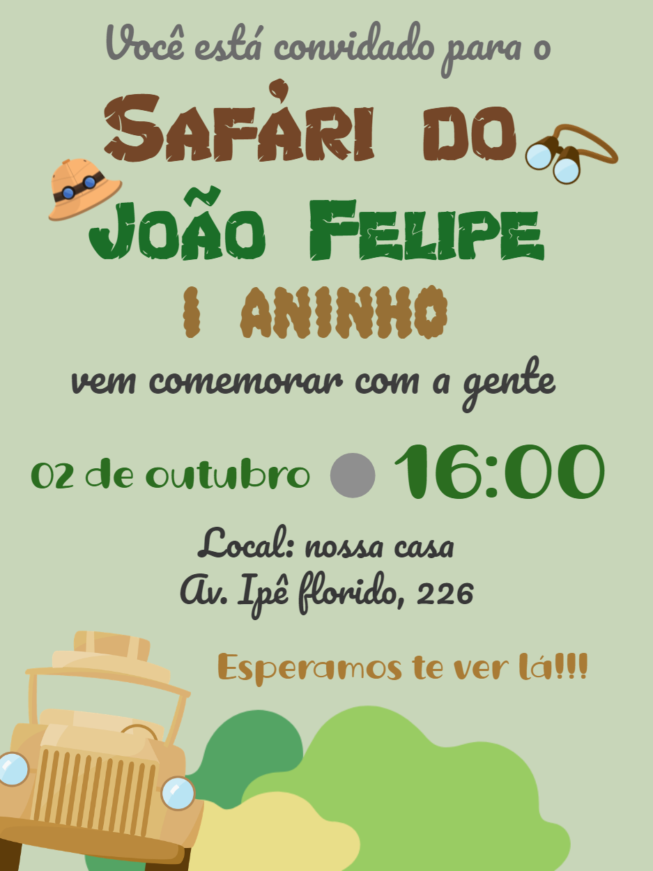 Convite de Aniversário Safari com Animais para Editar Online Convite de Aniversário Safari com Animais para Editar Online