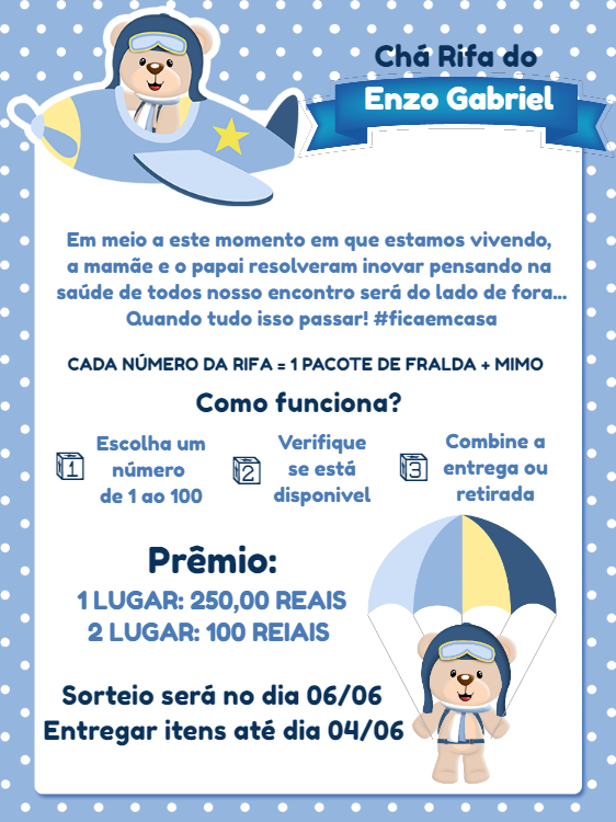 Convite Chá Rifa Ursinho Aviador para Editar Online Convite Chá Rifa Ursinho Aviador para Editar Online