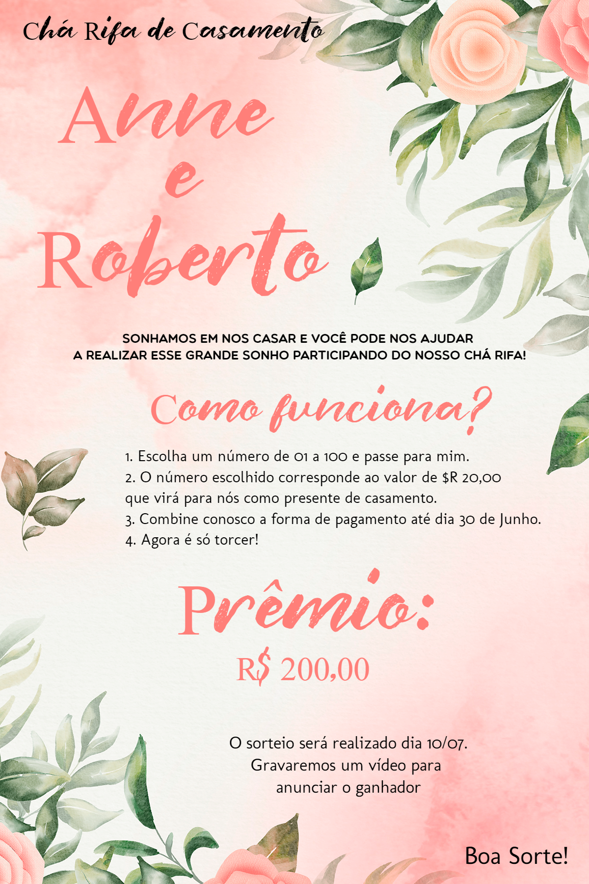 Convite Chá Rifa de Casamento Floral para Editar Online Convite Chá Rifa de Casamento Floral para Editar Online