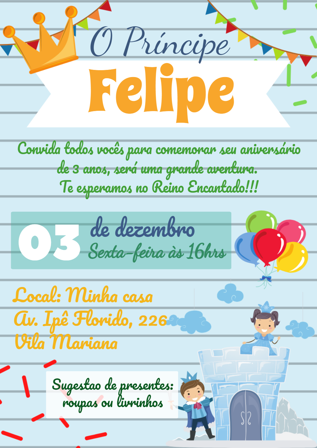 Convite Aniversário Príncipe Reino Encantado para Editar Online