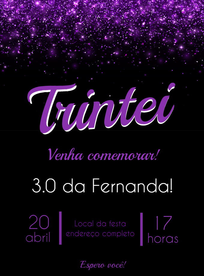 Convite de Aniversário Glitter Roxo para Editar Online Convite de Aniversário Glitter Roxo para Editar Online